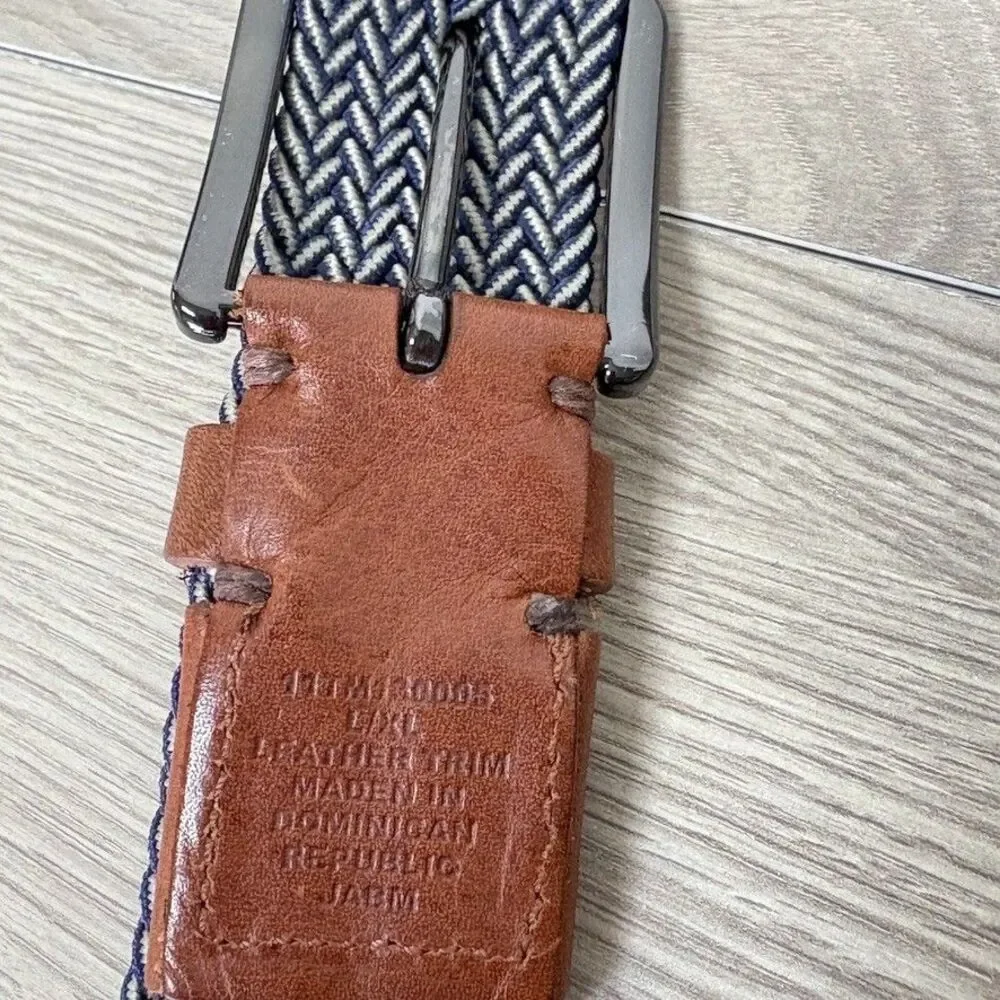 Tommy Bahama Woven Stretch Belt Navy Tan Leather Trim Sz L/XL Preppy Summer